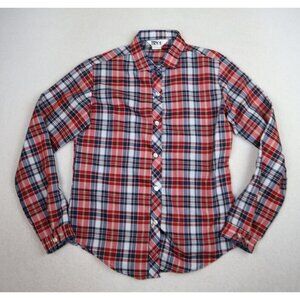 VINTAGE WOMEN'S RED WHITE BLUE PLAID LONG SLEEVE BUTTON-UP TOP - TRY 1 - SIZE 9